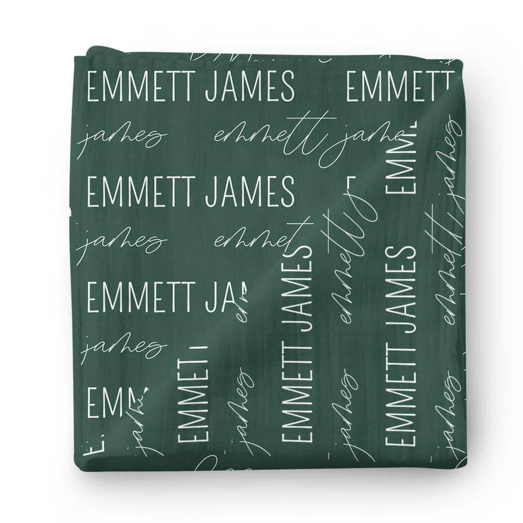 Personalized Forest Green Baby Name Swaddle Blanket - Block & Script