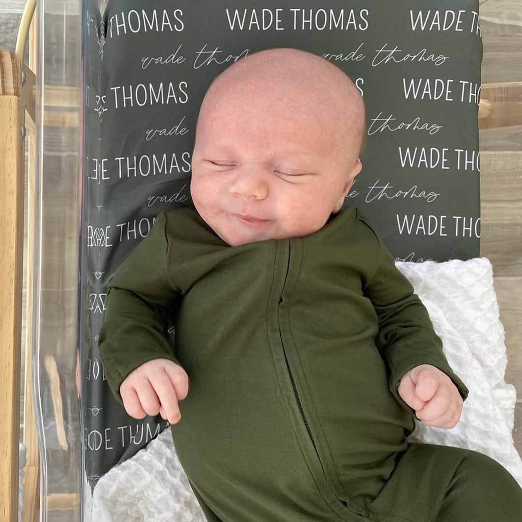 Personalized Olive Baby Name Swaddle Blanket - Block & Script