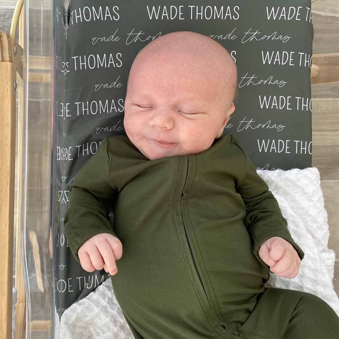 Personalized Olive Baby Name Swaddle Blanket - Block & Script