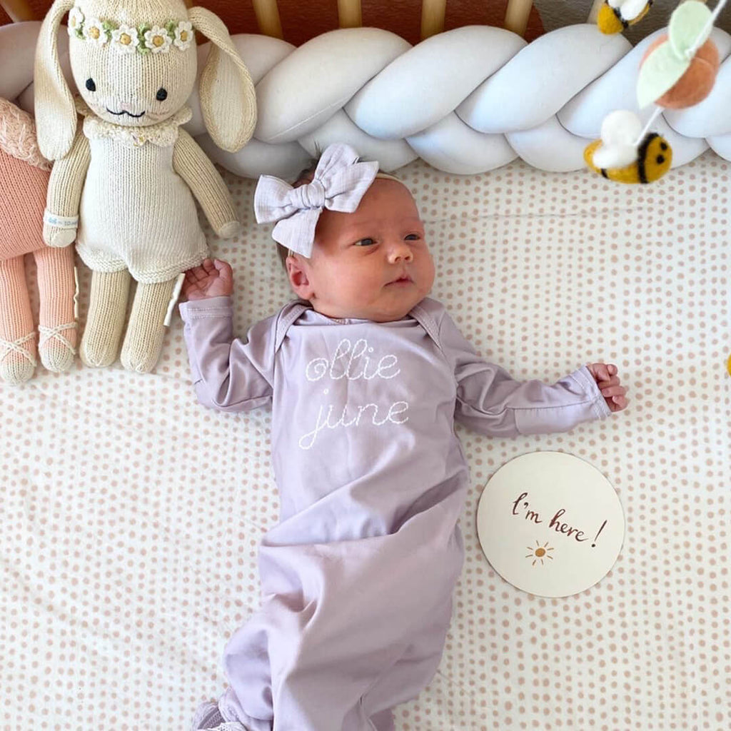 Personalized Stitched Newborn Baby Knot Gown | Lavender Dreams