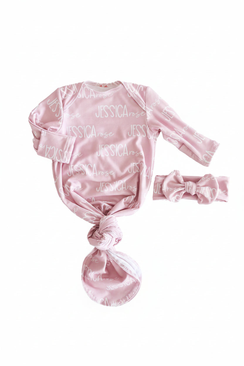 Personalized Font Duo Newborn Baby Knot Gown | Best Selling Pinks