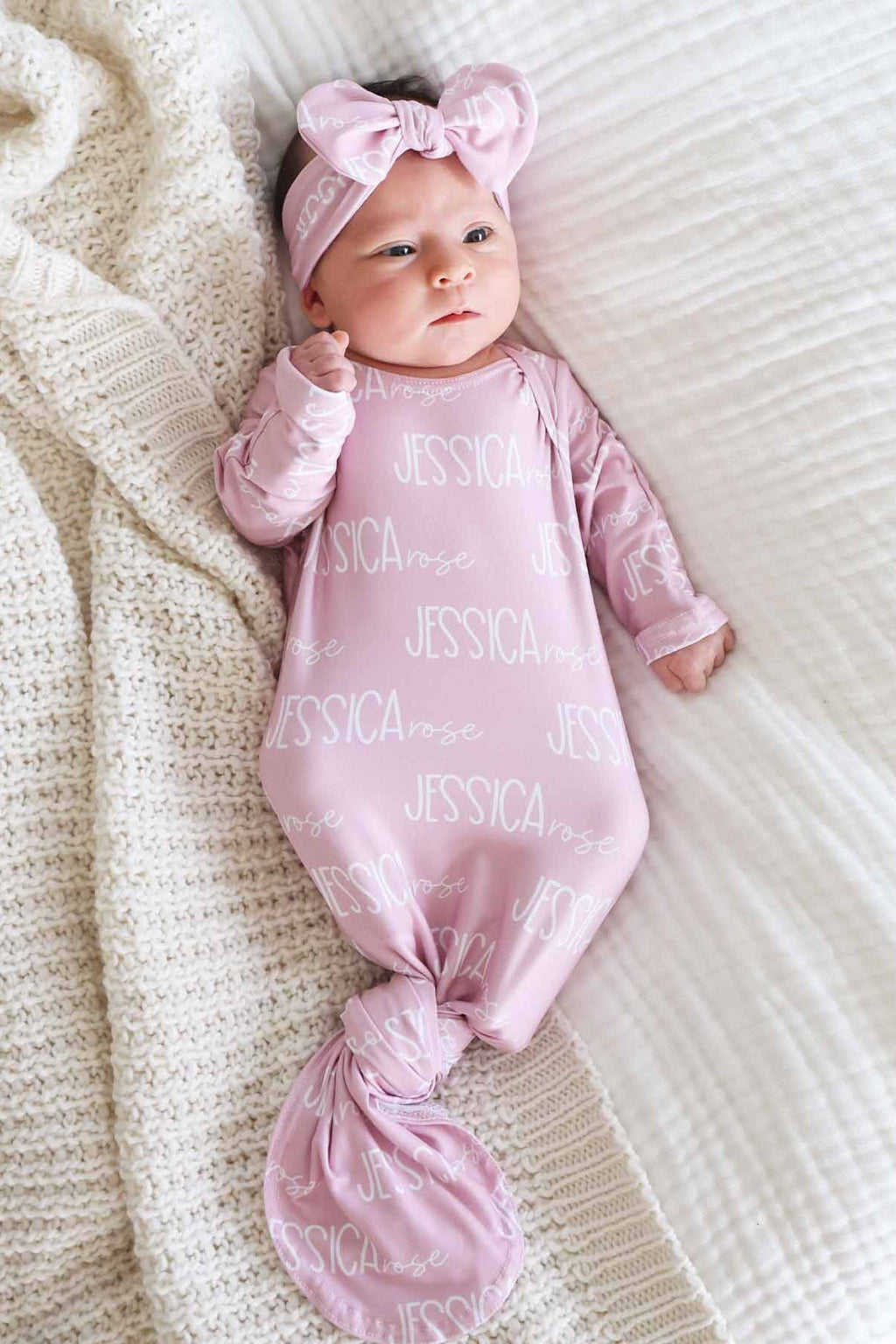 Personalized Font Duo Newborn Baby Knot Gown | Best Selling Pinks