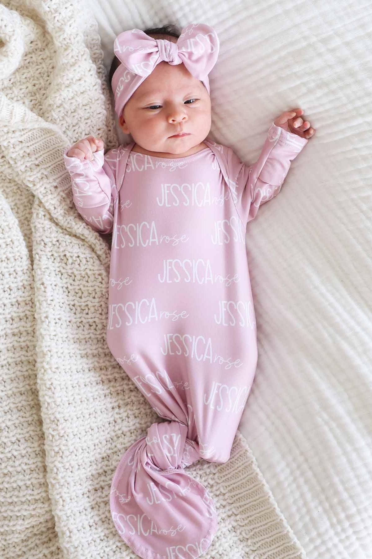 Personalized Font Duo Newborn Baby Knot Gown | Best Selling Pinks