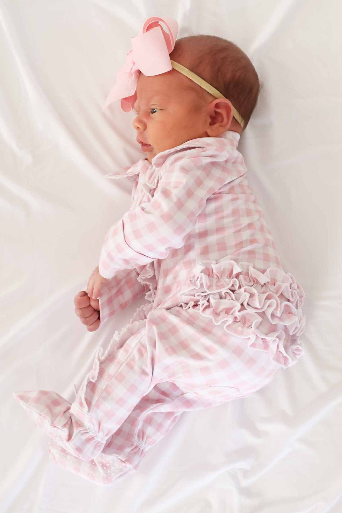 Peter Pan Collar Ruffle Zipper Footie | Rosy Gingham