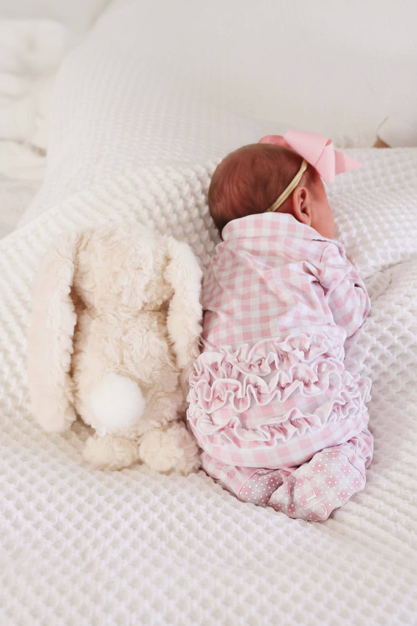 Peter Pan Collar Ruffle Zipper Footie | Rosy Gingham
