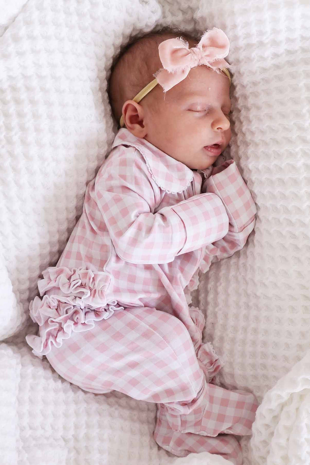 Peter Pan Collar Ruffle Zipper Footie | Rosy Gingham