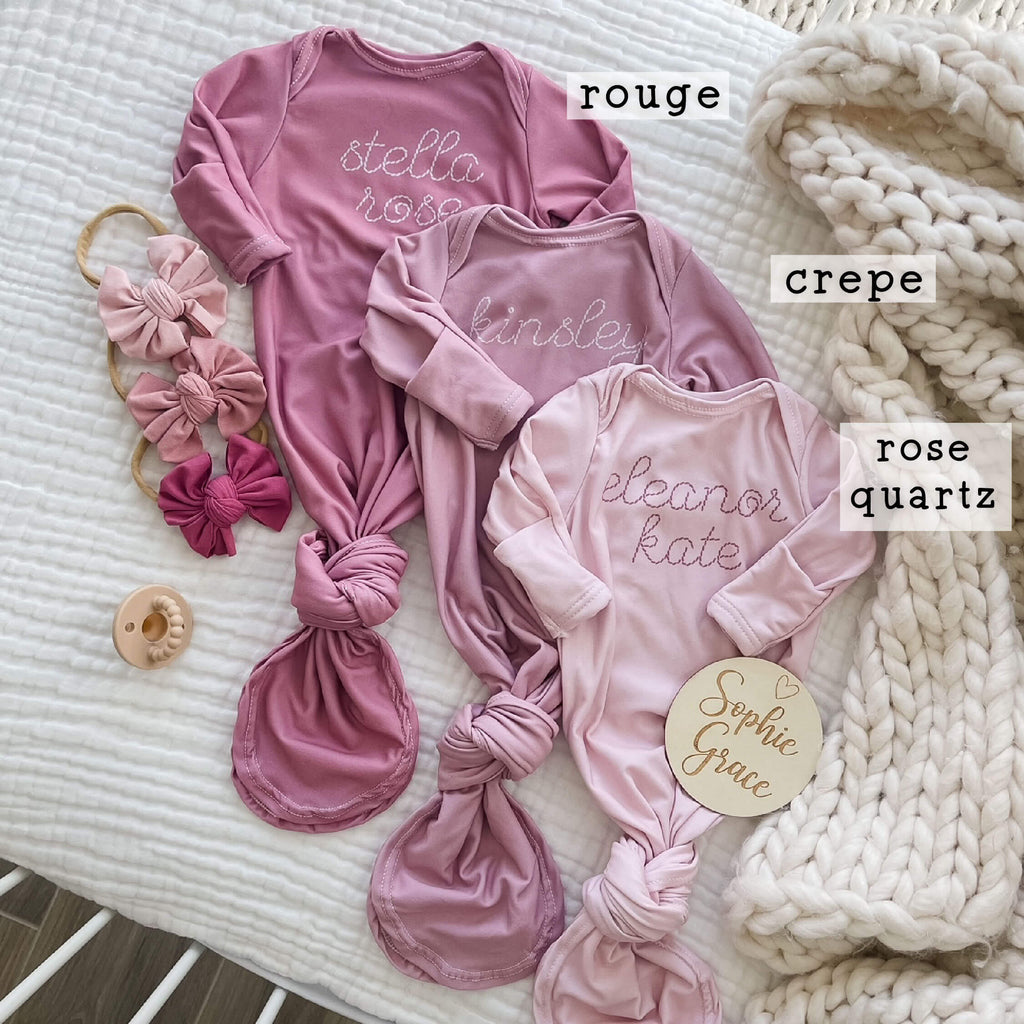 Personalized Stitched Newborn Baby Knot Gown | Perfect Pinks