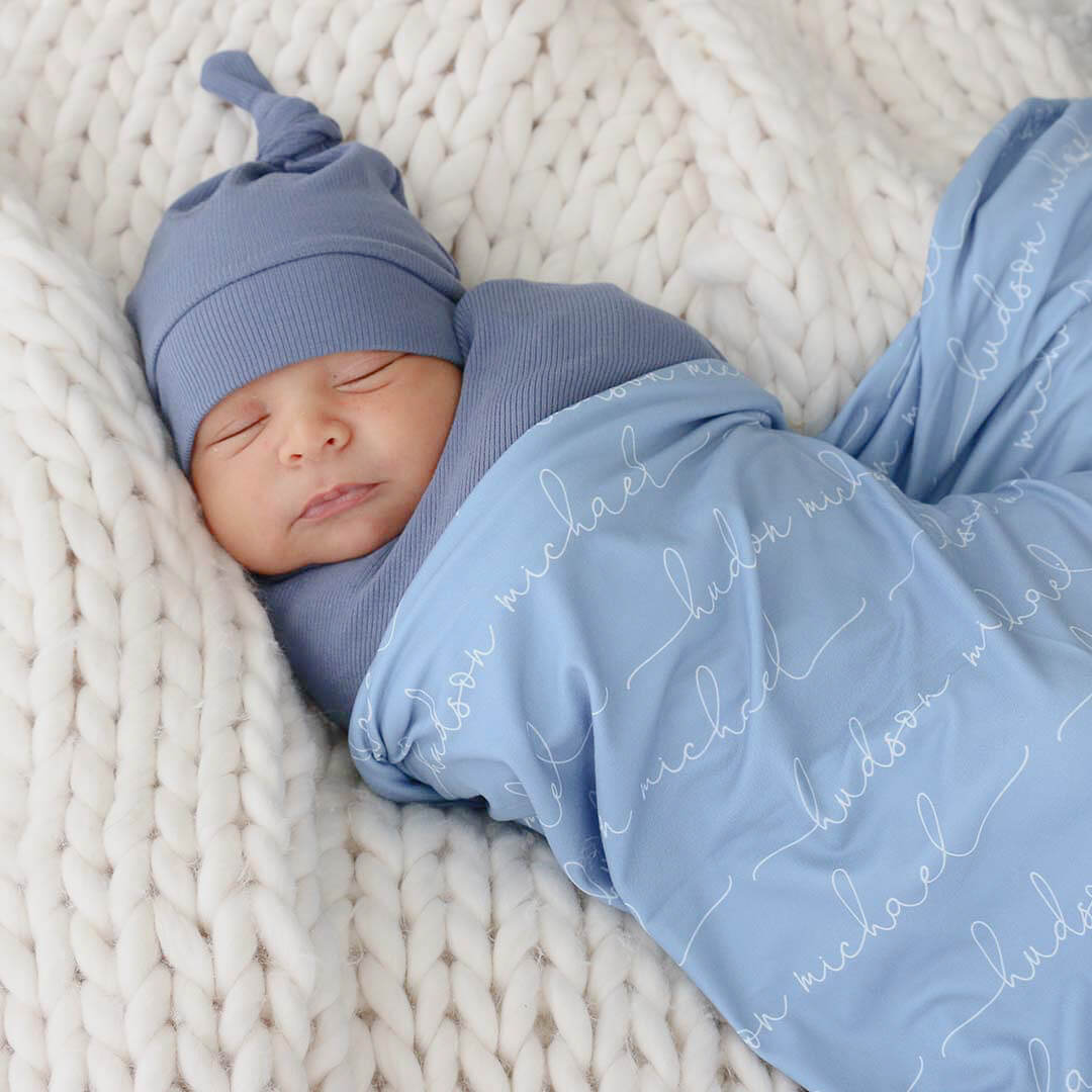 Personalized Powder Blue Baby Name Swaddle Blanket - Script