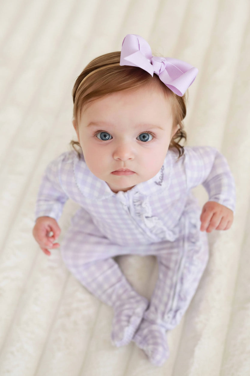 Peter Pan Collar Ruffle Zipper Footie | Lilac Gingham