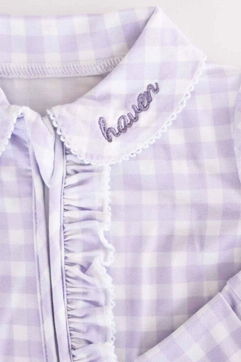 Peter Pan Collar Ruffle Zipper Footie | Lilac Gingham
