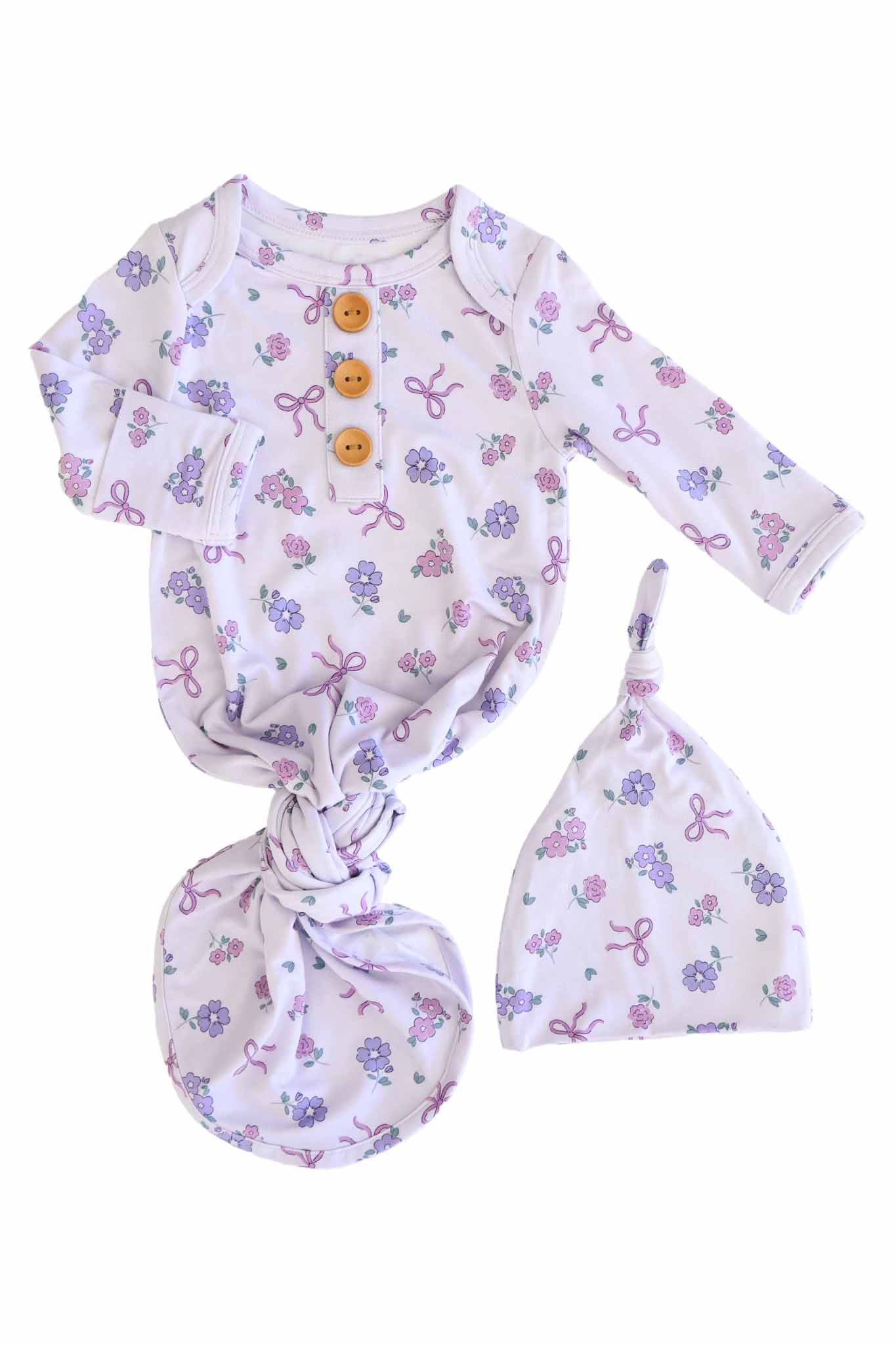 Ribbon & Roses Newborn Baby Knot Gown & Hat Set | Purple