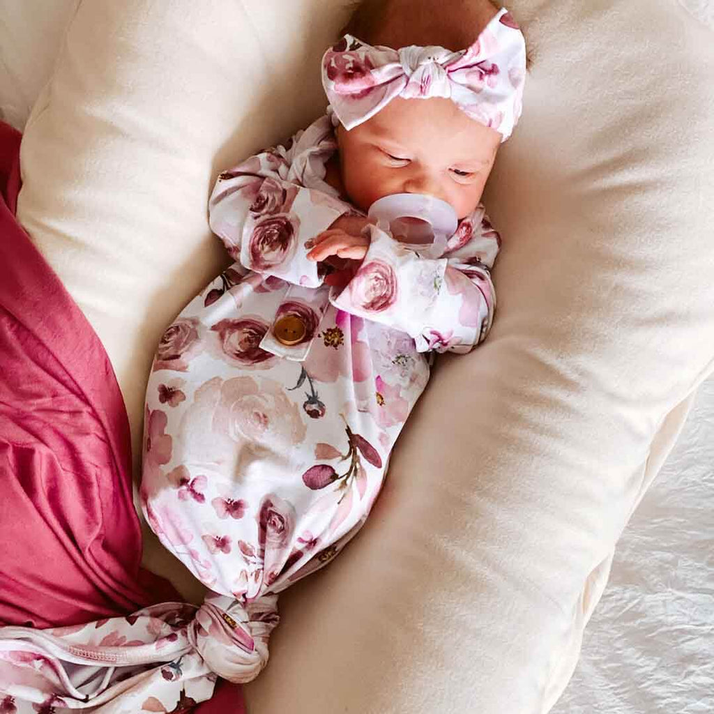 Rosie's Rose Garden Newborn Baby Knot Gown & Hat Set
