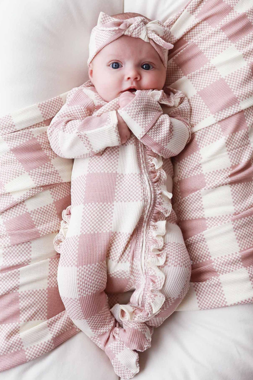 Big Check Bamboo Waffle Zipper Ruffle Footie | Rosy