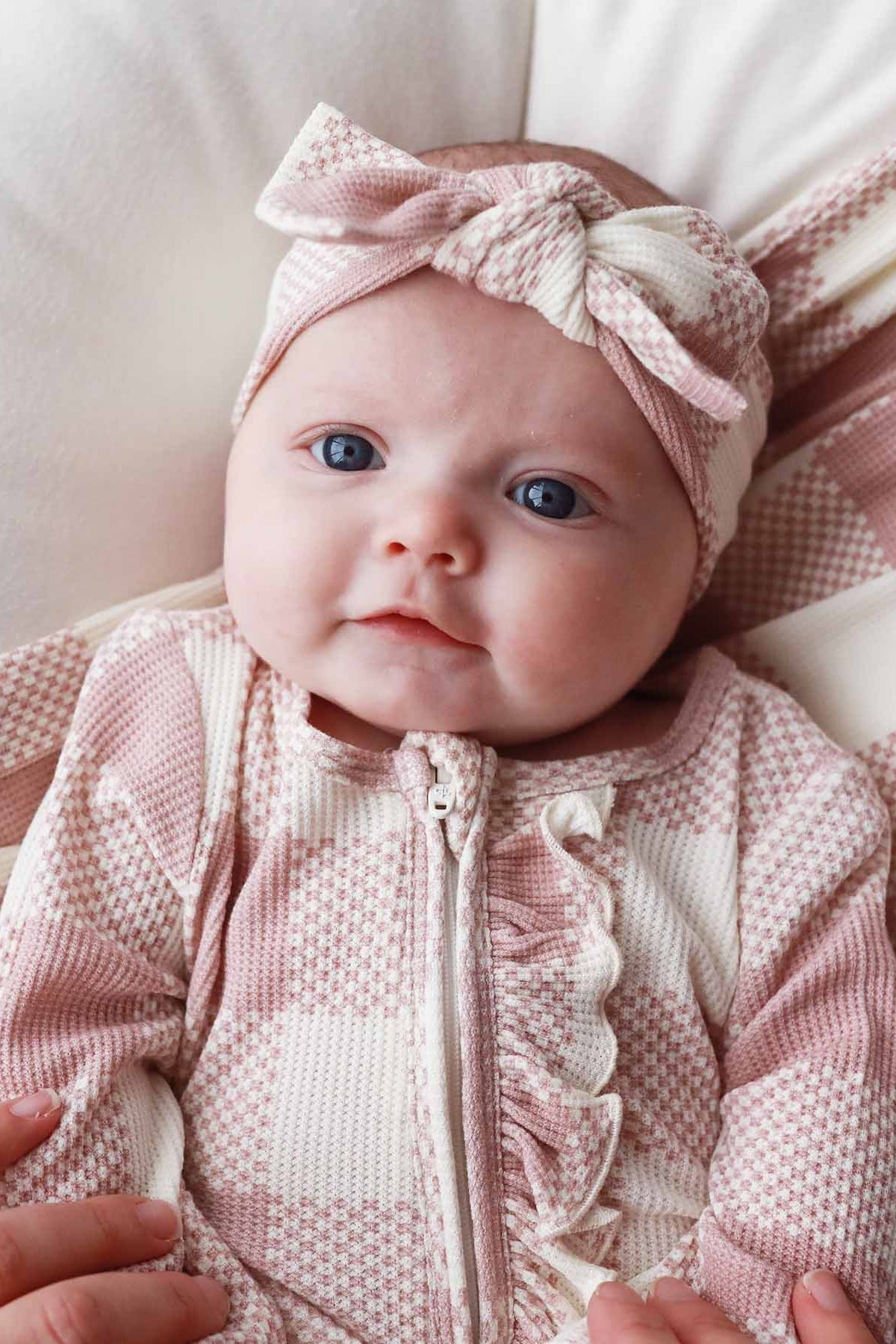 Big Check Bamboo Waffle Zipper Ruffle Footie | Rosy