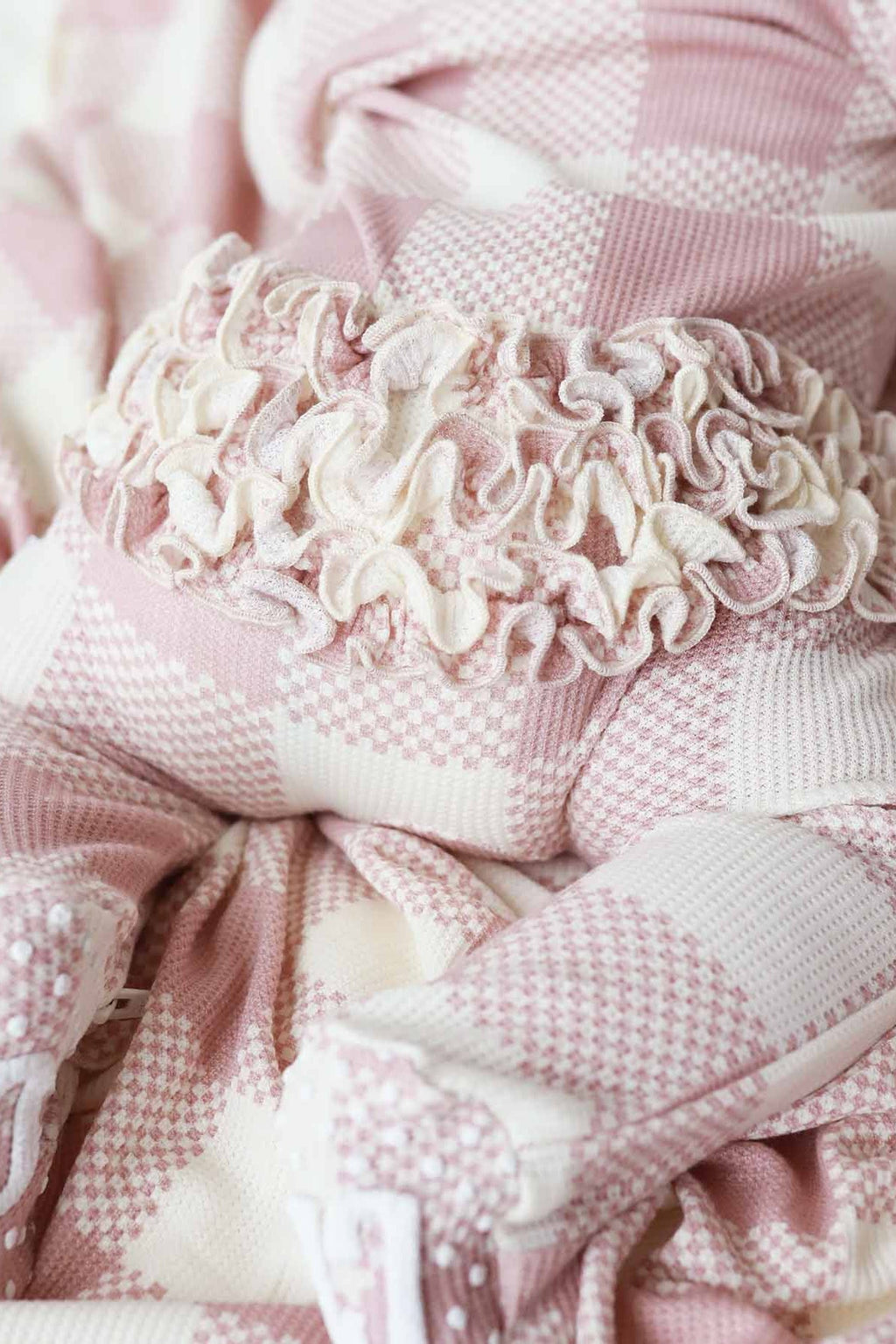 Big Check Bamboo Waffle Zipper Ruffle Footie | Rosy