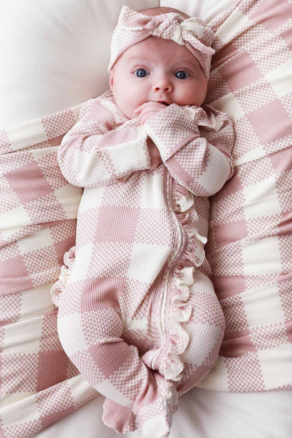 Big Check Bamboo Waffle Zipper Ruffle Footie | Rosy
