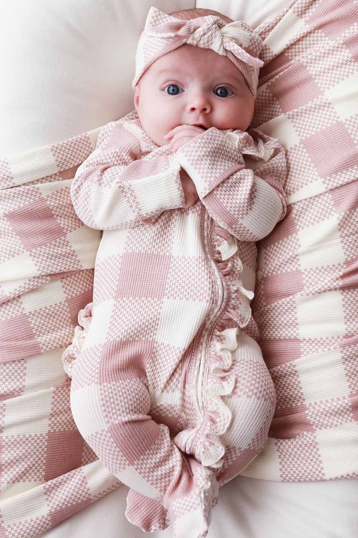 Big Check Bamboo Waffle Zipper Ruffle Footie | Rosy
