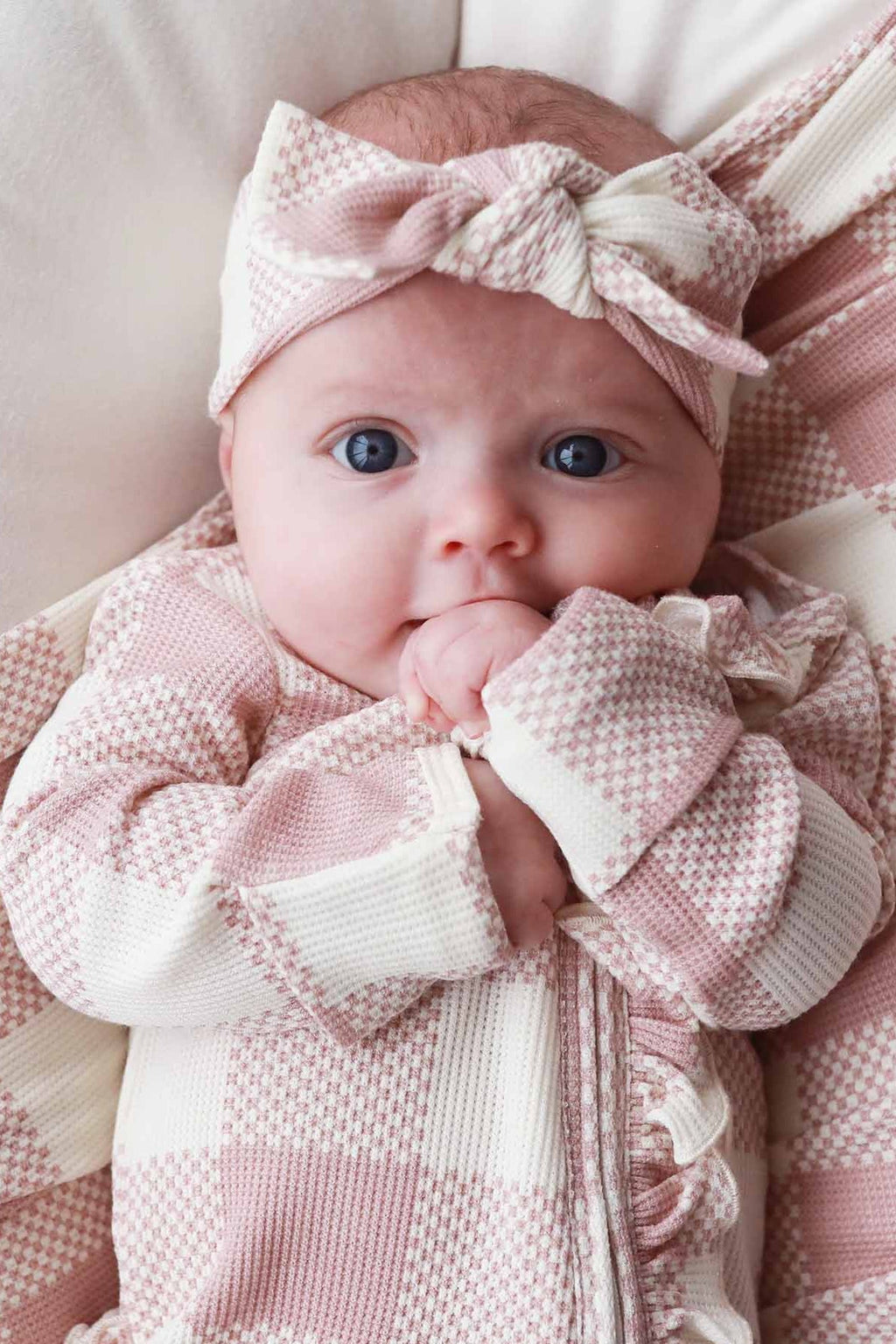 Big Check Bamboo Waffle Zipper Ruffle Footie | Rosy