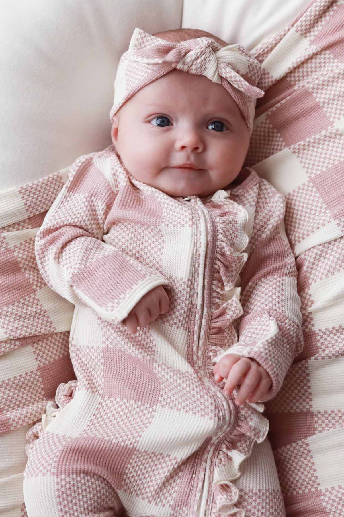 Big Check Bamboo Waffle Zipper Ruffle Footie | Rosy