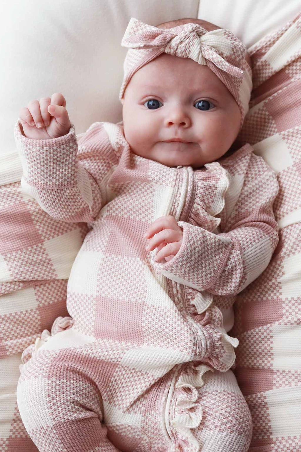 Big Check Bamboo Waffle Zipper Ruffle Footie | Rosy