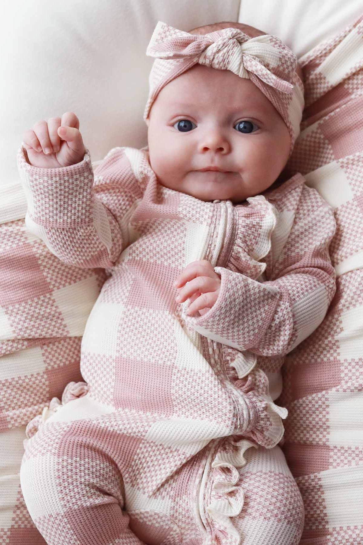 Big Check Bamboo Waffle Zipper Ruffle Footie | Rosy