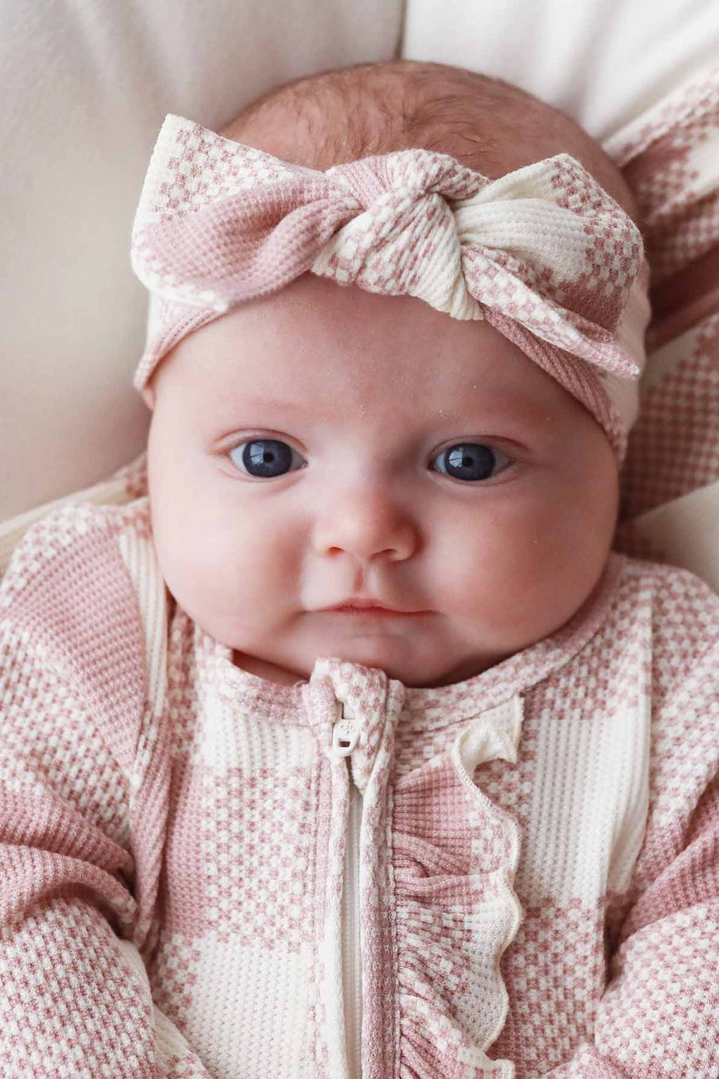 Big Check Bamboo Waffle Zipper Ruffle Footie | Rosy