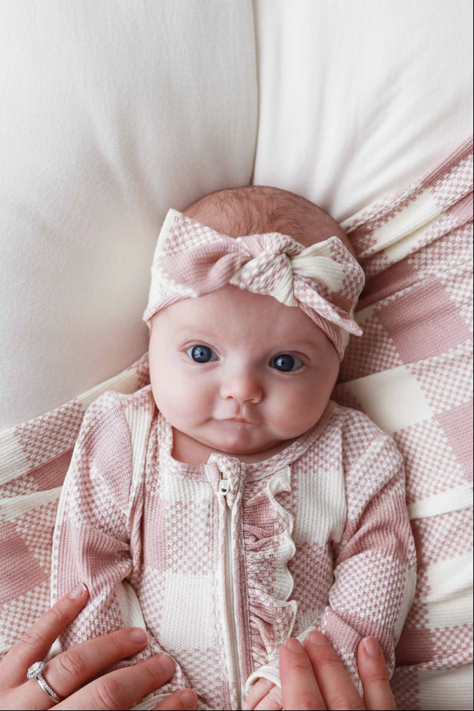 Big Check Bamboo Waffle Zipper Ruffle Footie | Rosy
