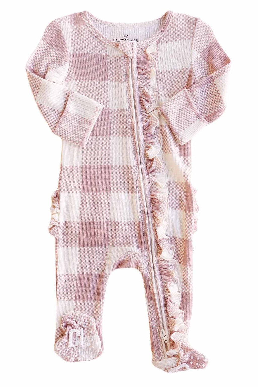 Big Check Bamboo Waffle Zipper Ruffle Footie | Rosy