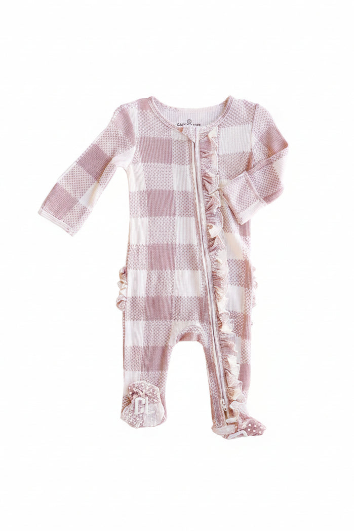 Big Check Bamboo Waffle Zipper Ruffle Footie | Rosy