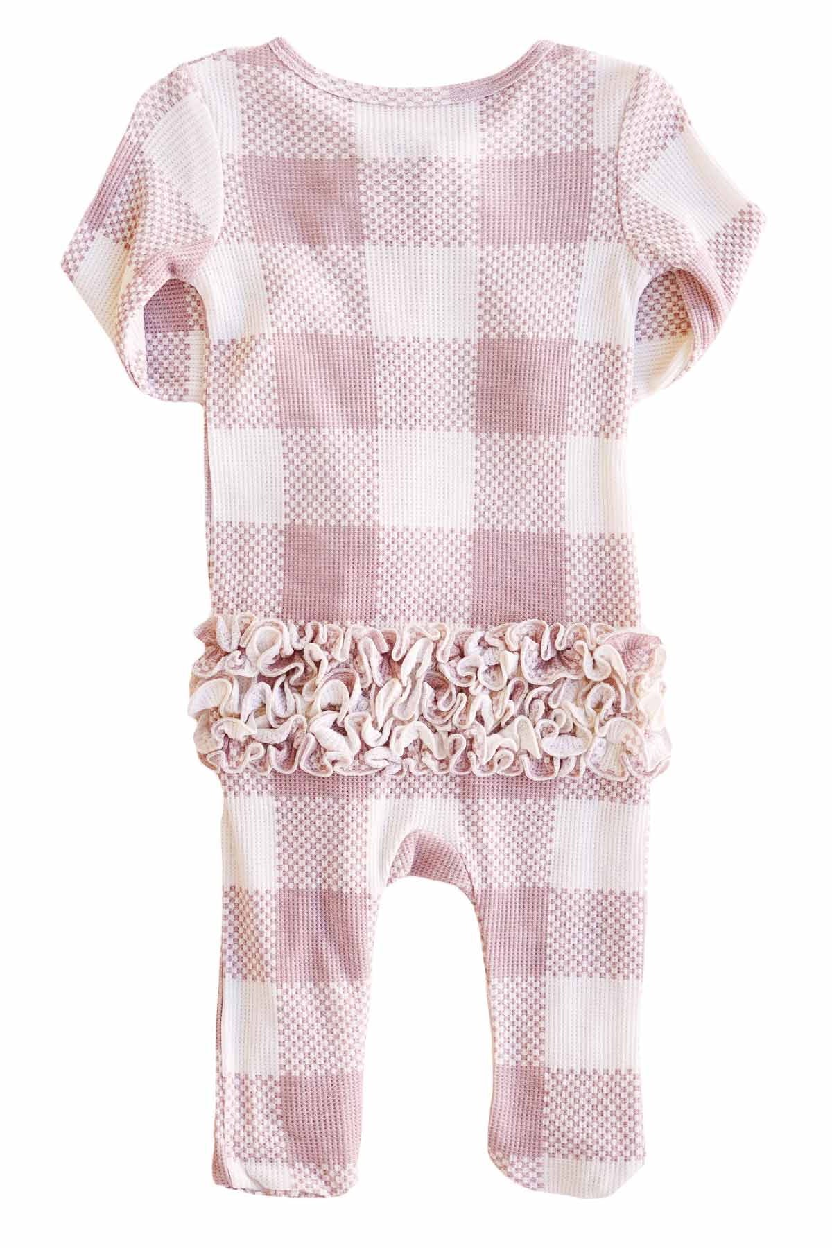 Big Check Bamboo Waffle Zipper Ruffle Footie | Rosy