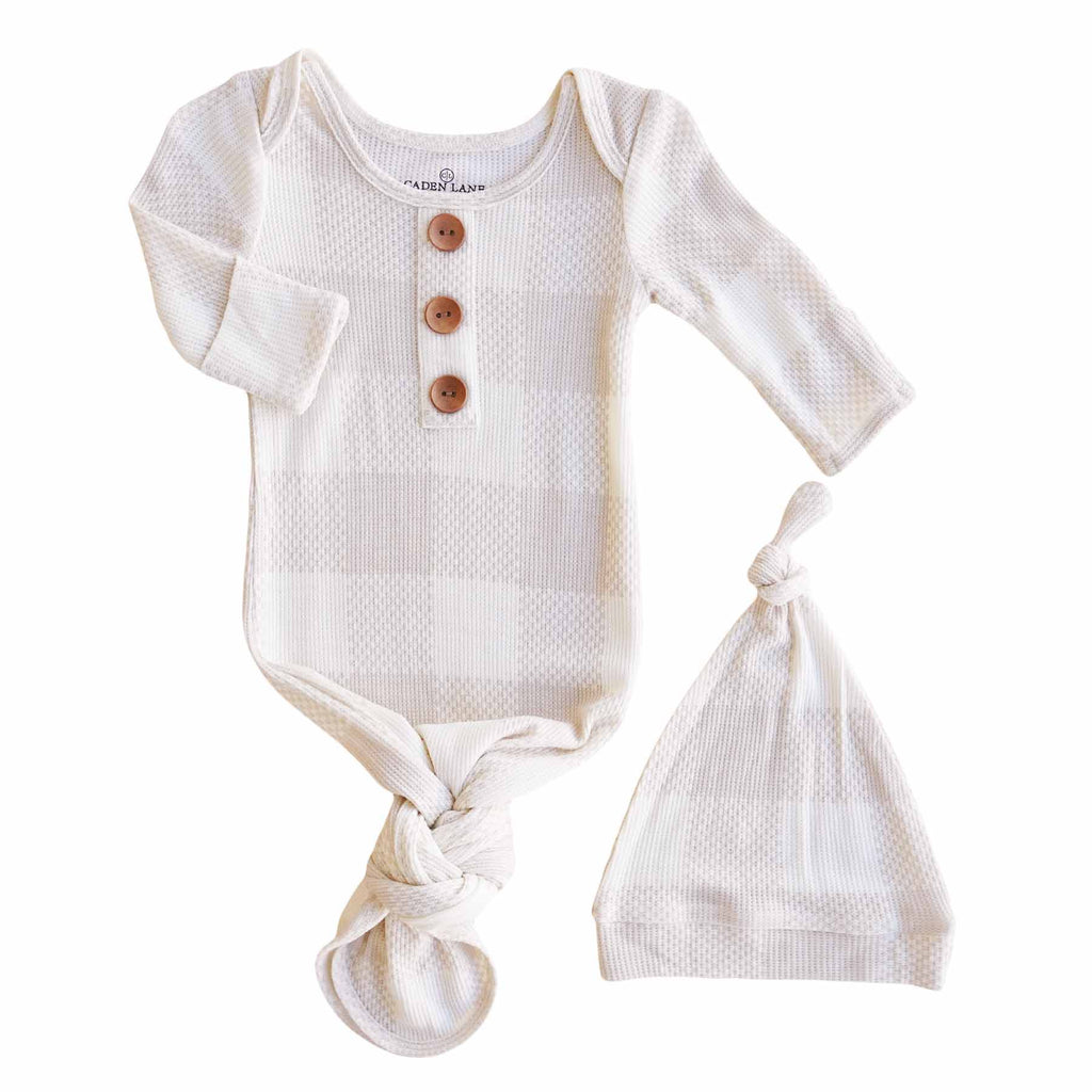 Big Check Bamboo Waffle Newborn Baby Knot Gown & Hat Set | Sand
