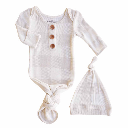Big Check Bamboo Waffle Newborn Baby Knot Gown & Hat Set | Sand