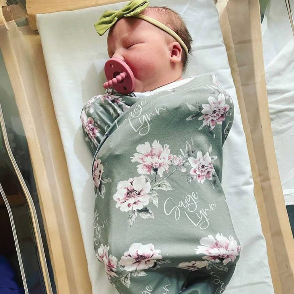 Saylor's Sage & Blush Floral Personalized Baby Name Swaddle