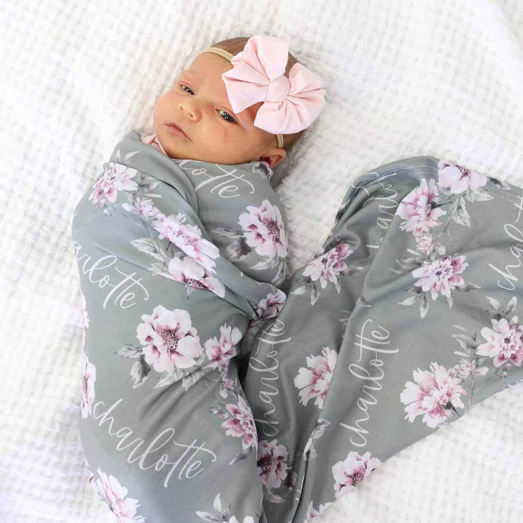 Saylor's Sage & Blush Floral Personalized Baby Name Swaddle