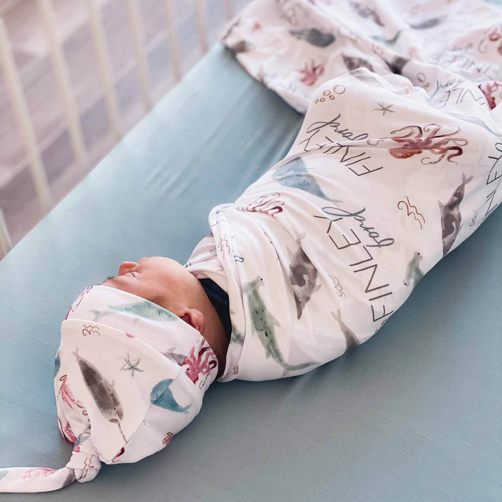 Sea Life Personalized Baby Name Swaddle Blanket