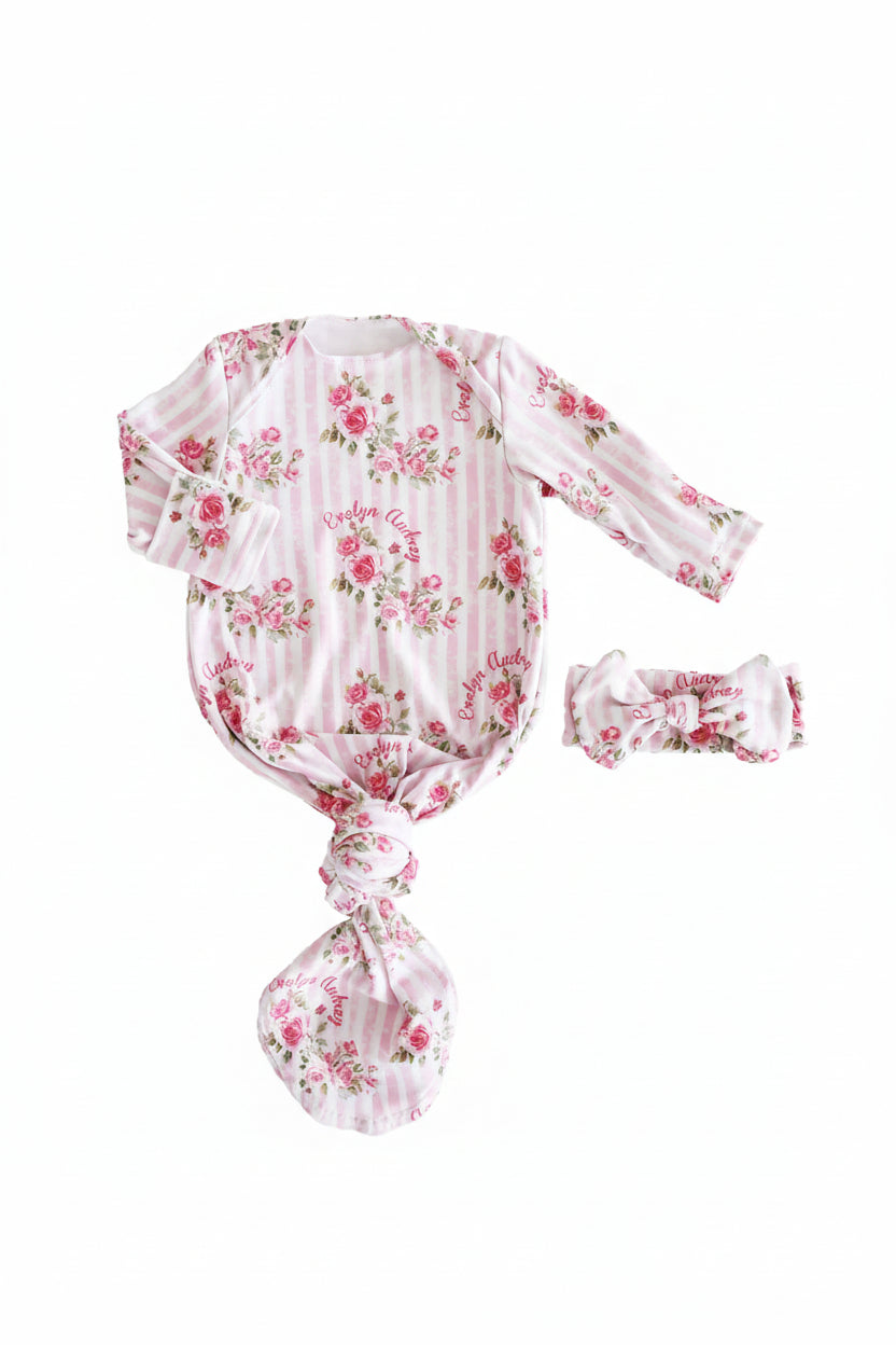 Shabby Chic Personalized Newborn Baby Knot Gown