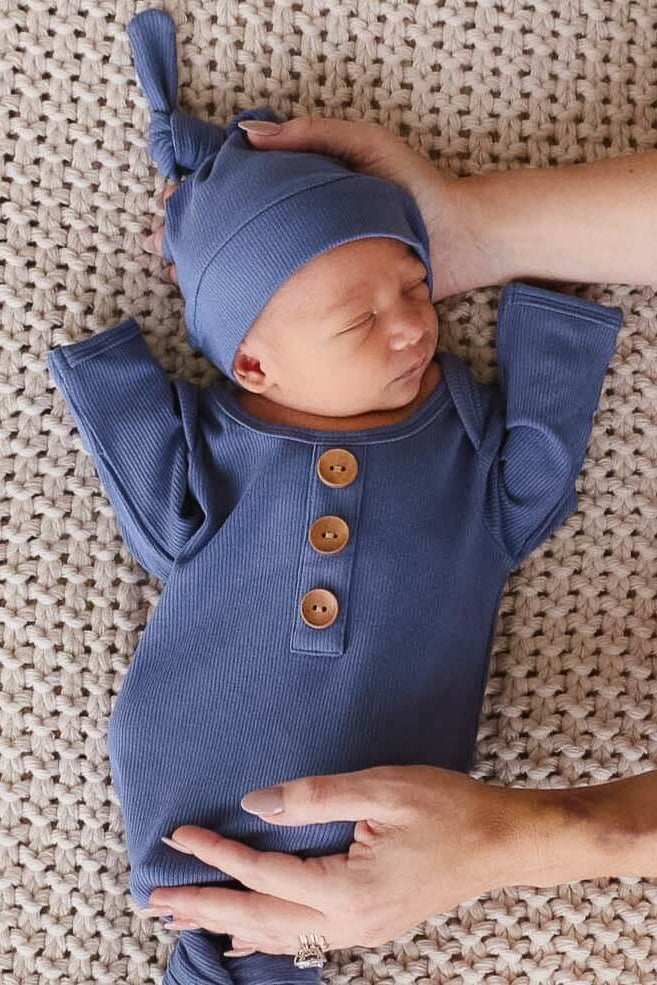 Steel Blue Ribbed Bamboo Baby Knot Gown & Hat