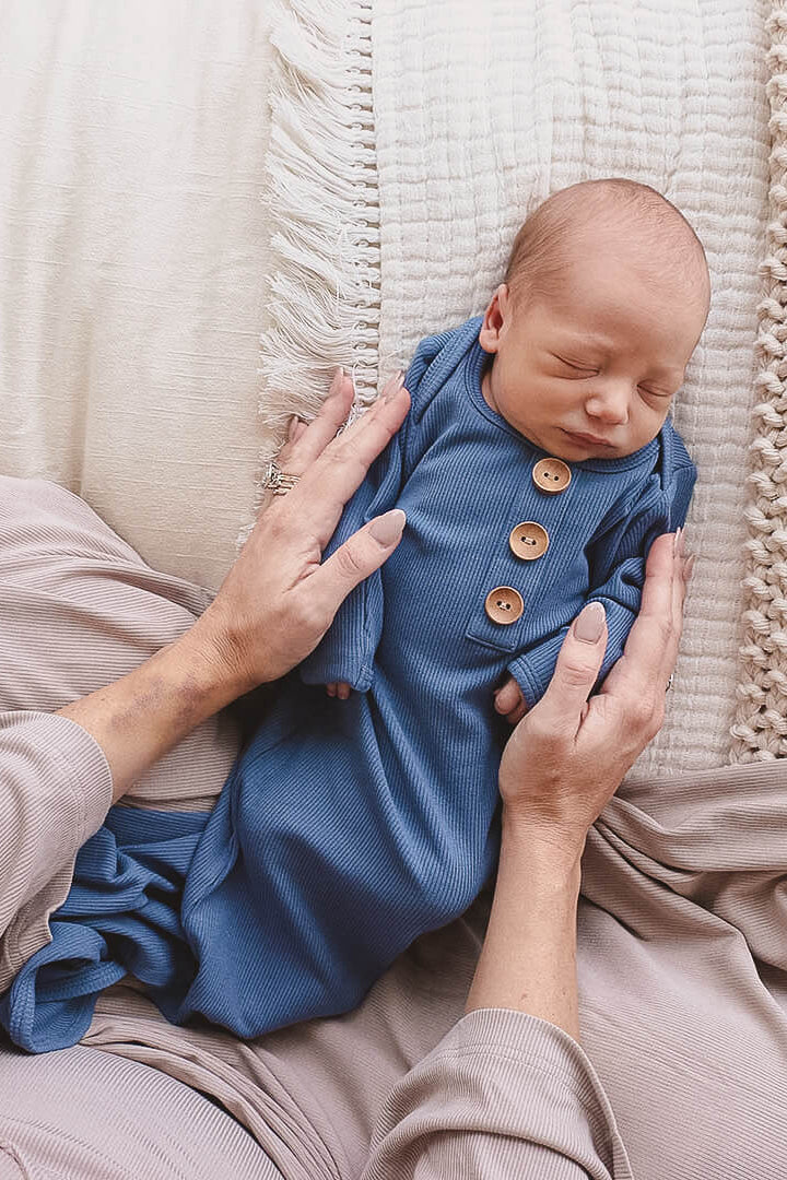 Steel Blue Ribbed Bamboo Baby Knot Gown & Hat