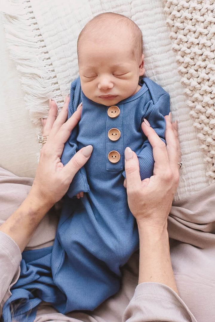 Steel Blue Ribbed Bamboo Baby Knot Gown & Hat
