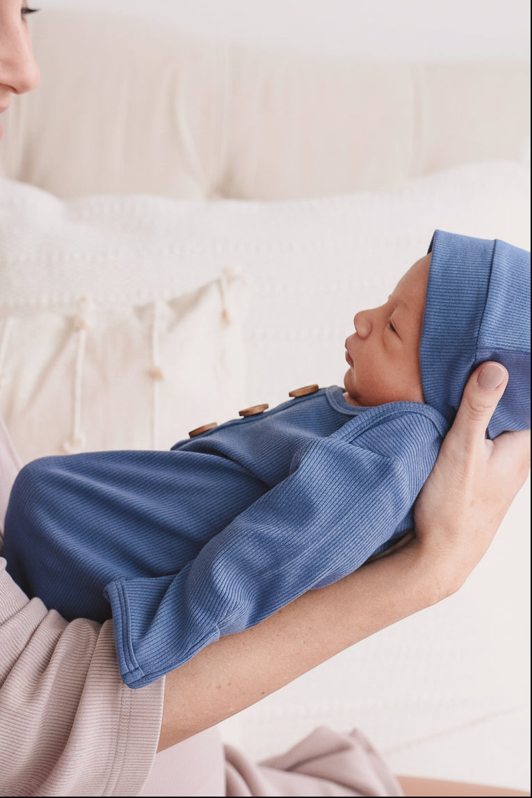 Steel Blue Ribbed Bamboo Baby Knot Gown & Hat