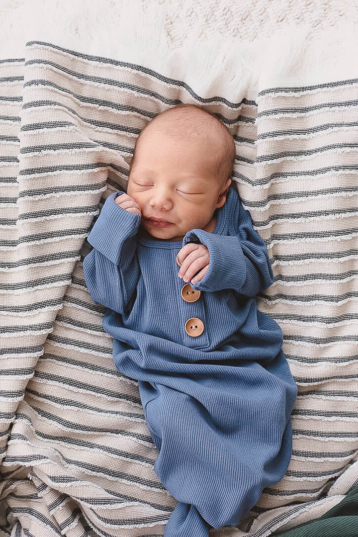 Steel Blue Ribbed Bamboo Baby Knot Gown & Hat
