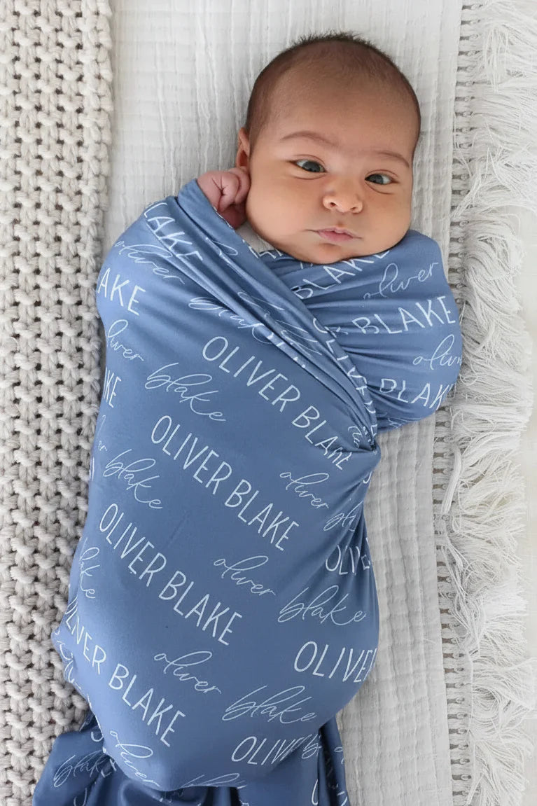 Personalized Steel Blue Baby Name Swaddle Blanket | Block Script