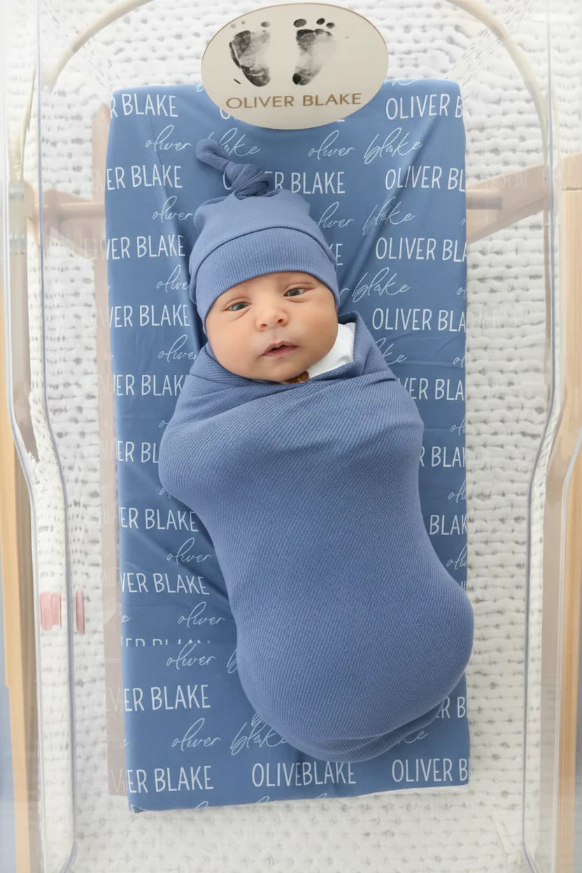 Personalized Steel Blue Baby Name Swaddle Blanket | Block Script