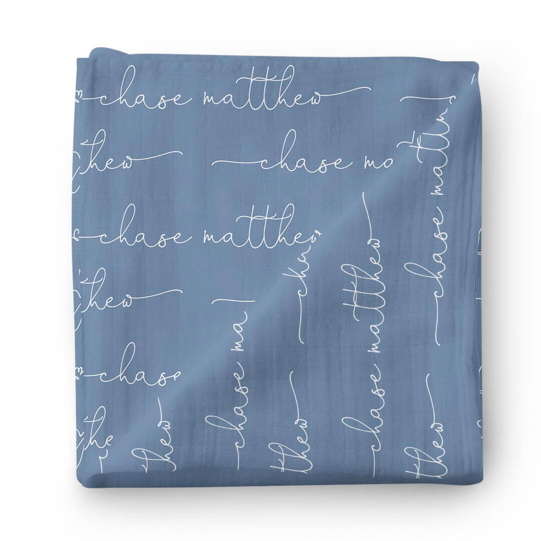 Personalized Steel Blue Baby Name Swaddle Blanket - Script