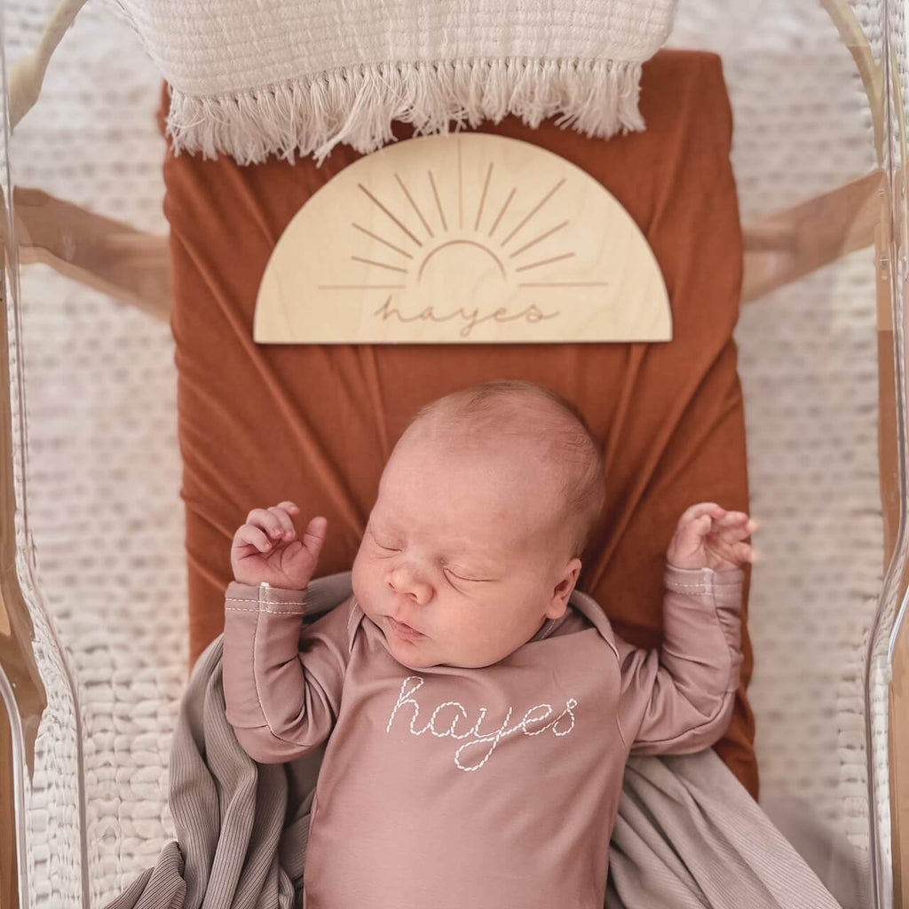 Personalized Stitched Newborn Baby Knot Gown | Warm Neutrals