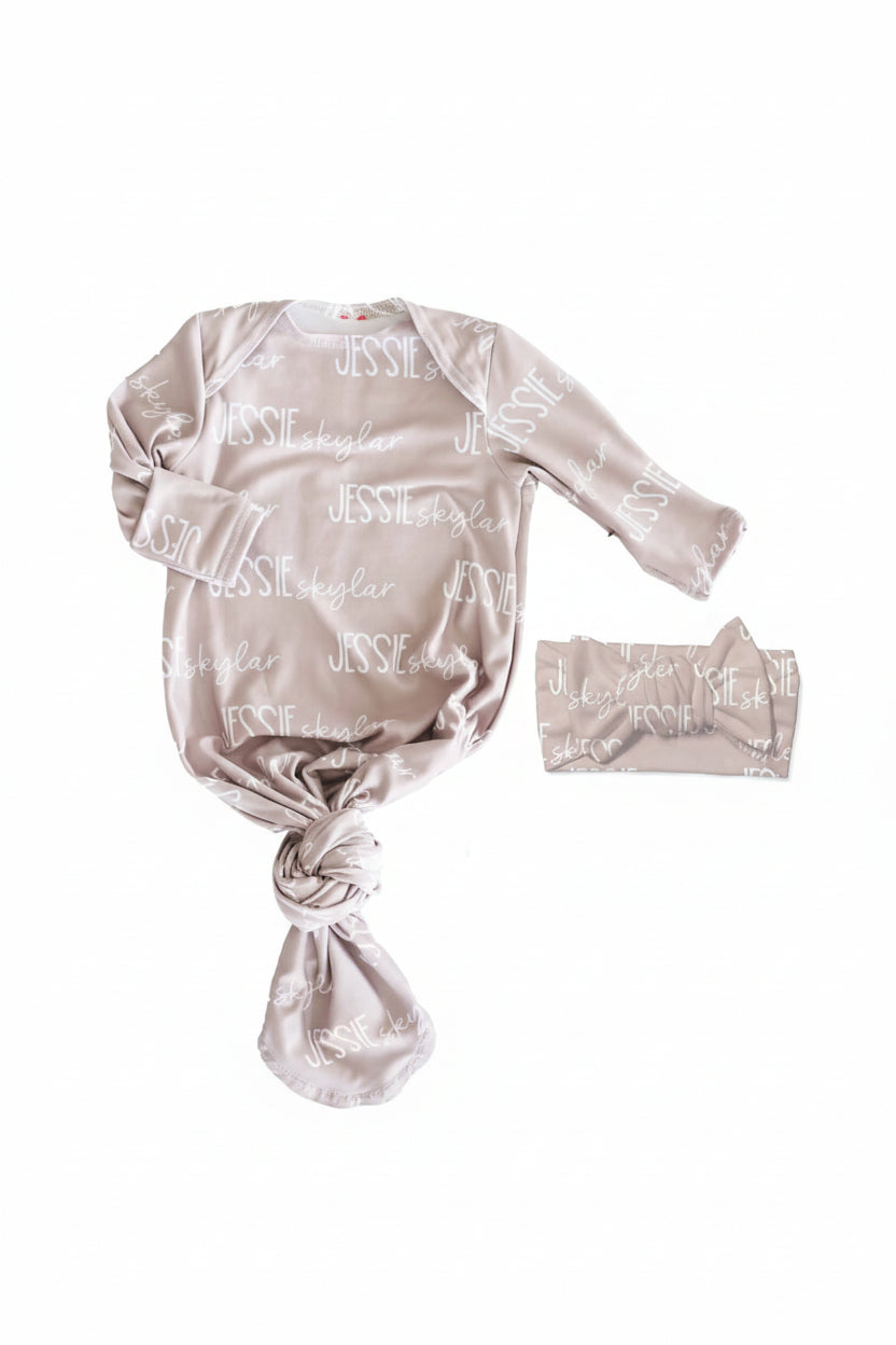 Personalized Font Duo Newborn Baby Knot Gown | Best Selling Neutrals