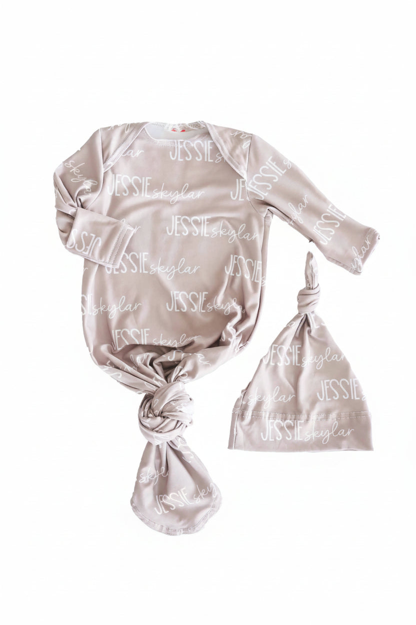 Personalized Font Duo Newborn Baby Knot Gown | Best Selling Neutrals