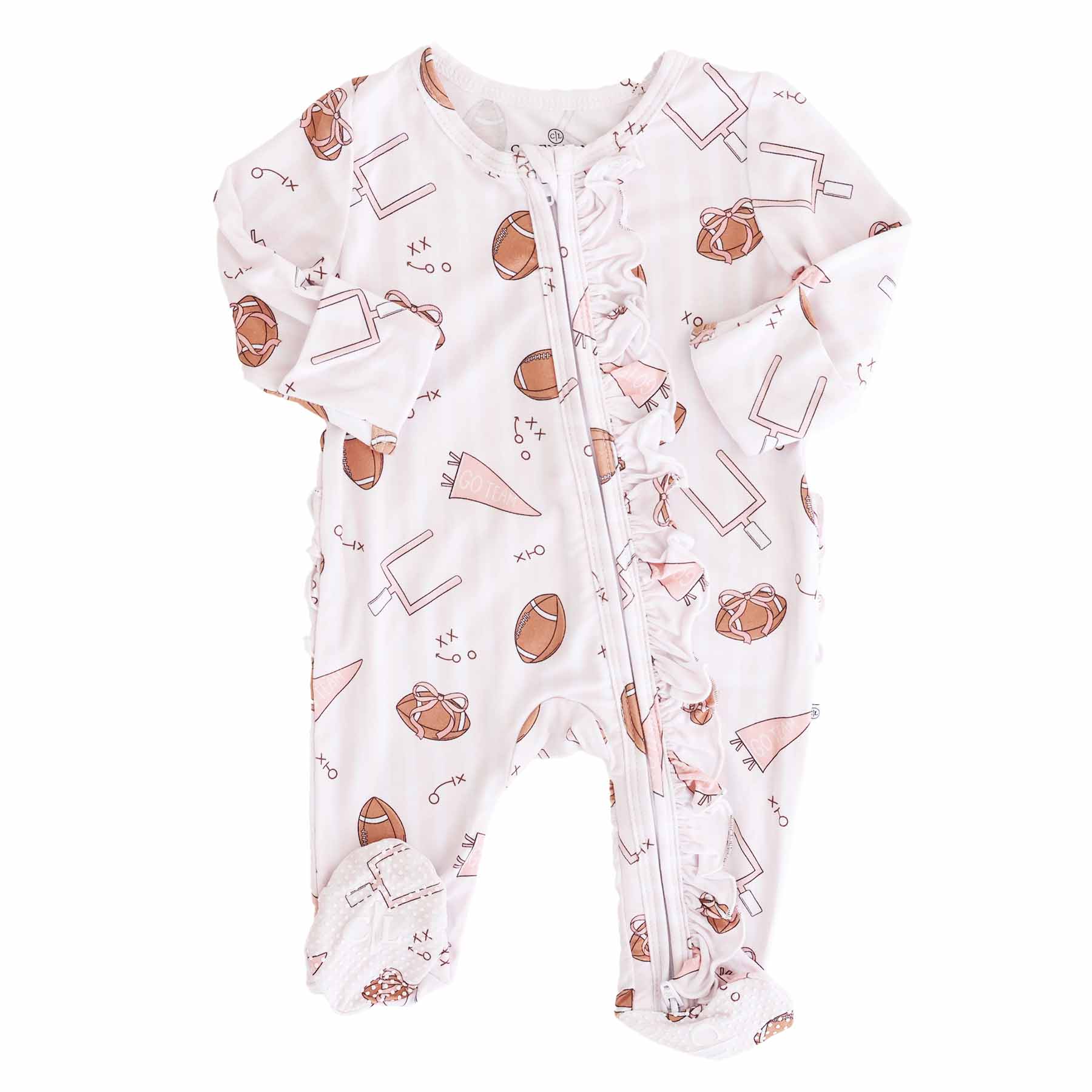 Tiny Touchdowns Ruffle Zipper Footie | Pink