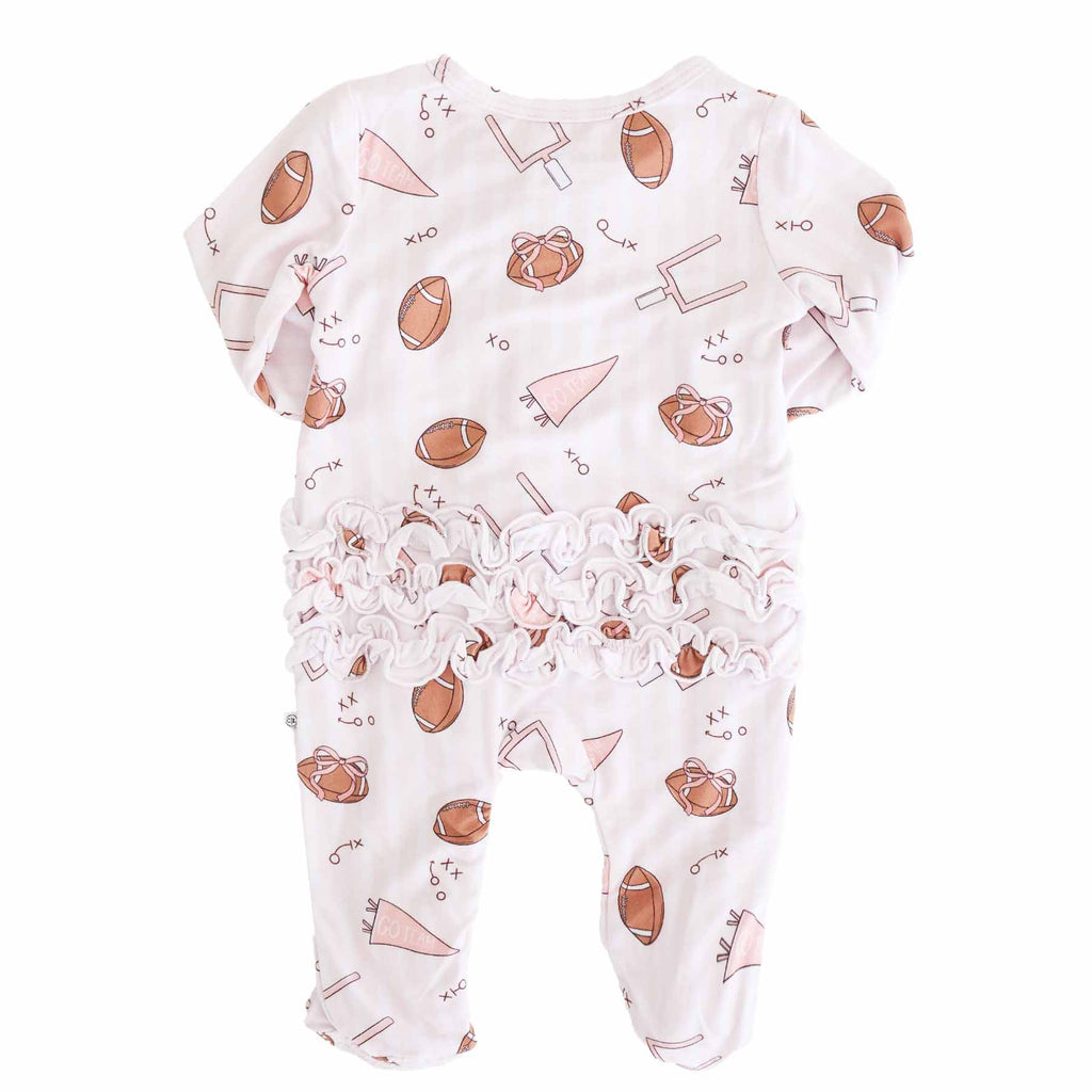 Tiny Touchdowns Ruffle Zipper Footie | Pink