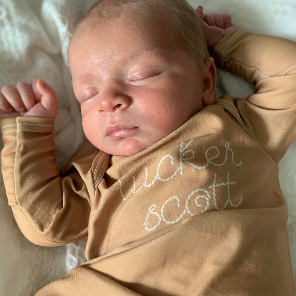 Personalized Stitched Newborn Baby Knot Gown | Warm Neutrals